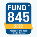 An award badge showing a FUND Score of 845 for the year 2022, which signifies 'Access to the Best Credit Terms'.
