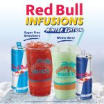 Promotional graphic for the 'Red Bull Infusions Winter Edition'. The ad features two flavors: 'Sugar Free Strawberry,' a red drink shown with a can of Sugar Free Red Bull, and 'Winter Berry,' a light green drink shown with a can of regular Red Bull. A disclaimer notes the drinks are not recommended for those sensitive to caffeine.
