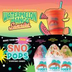 A promotional graphic from Bahama Buck's with two sections. The top section advertises 'Buck's Newest Smoothie: Watermelon Mango Sunrise.' The bottom section advertises 'Sno Pops Popping Candy' and shows three shaved ice examples with the topping: Cracklin' Cotton Candy, Poppin' Piña Colada, and Wacky Watermelon.