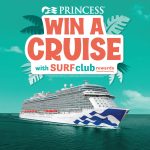 A promotional graphic for a Bahama Buck's Surf Club Rewards giveaway. The headline reads, 'Win a Cruise' and features the Princess Cruises logo. The image shows a large Princess cruise ship sailing on a calm ocean.