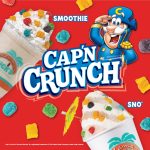 Promotional graphic for a Bahama Buck's and Cap'n Crunch collaboration. The ad features the Cap'n Crunch cartoon mascot and two themed treats: a smoothie topped with whipped cream and Crunch Berries, and a shaved ice also topped with Crunch Berries.