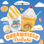 A promotional graphic for the 'Dreamsicle Delight' from Bahama Buck's. The ad features two orange and white treats: a striped 'Sno with Vanilla Ice Cream' and an orange 'Smoothie' topped with whipped cream and a cherry. A logo at the top notes the treats are 'made with Blue Bell Ice Cream'