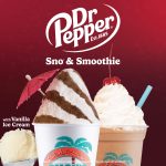 Promotional graphic for a drink called 'Dr Paradise.' The image shows the prepared beverage—a dark soda with cream swirled in it, topped with crushed ice—next to a can of Dr Pepper. Text lists the ingredients as: Dr Pepper, White Coconut, and Tropic Creme.