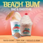Promotional graphic for the 'Beach Bum Sno & Smoothie' from Bahama Buck's. The image features the shaved ice garnished with an umbrella and a smoothie topped with whipped cream and a cherry. Text lists the key flavors: Toasted Coconut, Tropic Creme, Chocolate Ice Cream.