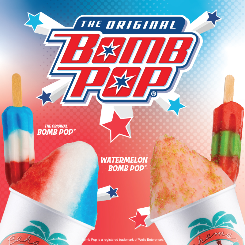 A promotional ad featuring two Bahama Buck's Snos inspired by Bomb Pop flavors. On the left, 'The Original Bomb Pop' sno-cone has red, white, and blue layers. On the right, the 'Watermelon Bomb Pop' sno-cone has pink and green layers. Each sno-cone is shown next to its corresponding ice pop.
