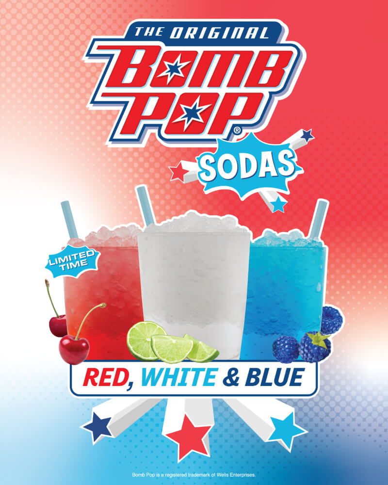 The 3 all-new Bomb Pop Bahama Sodas are shown with a red, white and blue background.