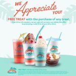 Bahama Buck's appreciation offer. The text reads: 'WE Appreciate YOU! FREE TREAT with the purchase of any treat.' The offer is valid from 5/5 to 5/9 for teachers, nurses, and civil servants who present a valid ID. The fine print states the offer includes most single treats, excludes catering, and is not valid with other offers or for online orders. The graphic displays a colorful lineup of Bahama Buck's products, including a Red Bull Infusion, Gummy Bear Sno, Wavebender Island Smoothie, Bahama Soda and an Açaí bowl.