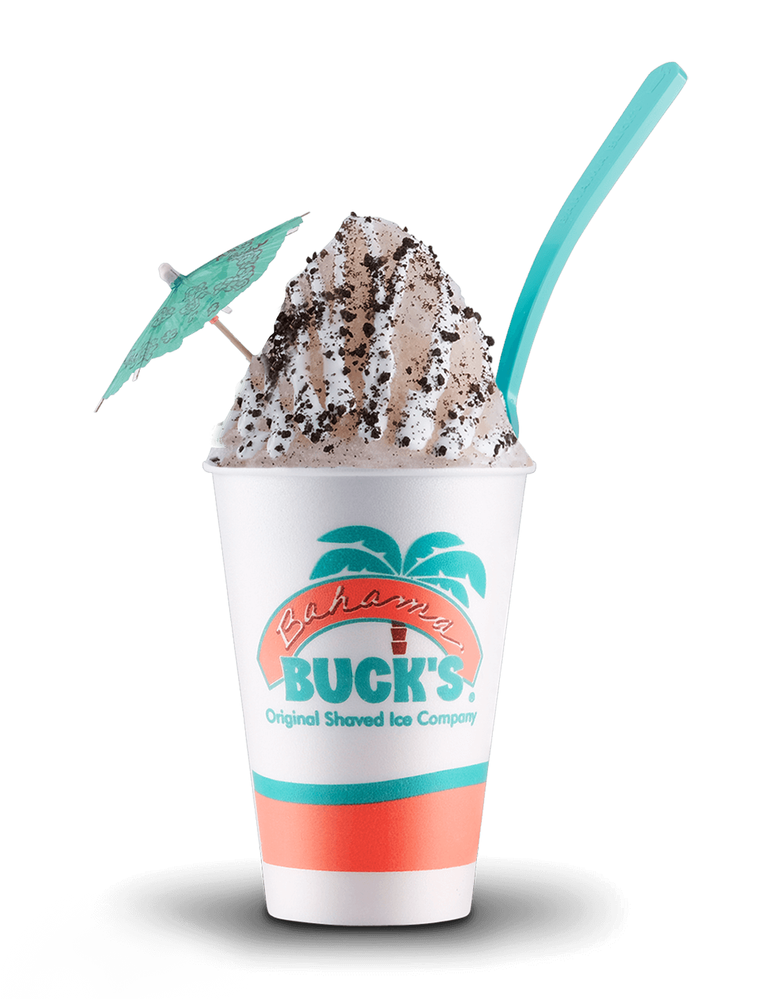 Oreo Sno, generously topped with crushed Oreo cookie pieces and Oreo cream, served in a Bahama Buck's cup with a teal spoon and a team cocktail umbrella.