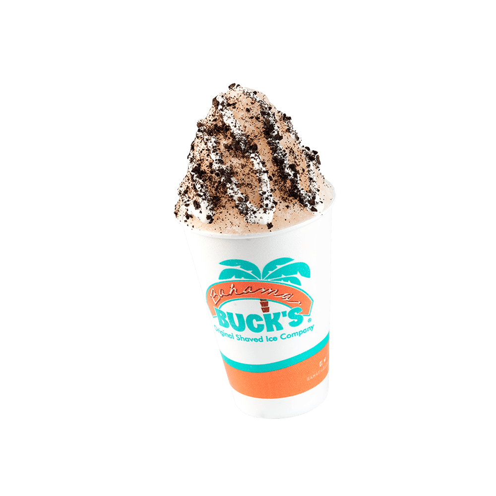 Oreo Sno in a white cup, topped with Oreo cream and crushed Oreo cookies.