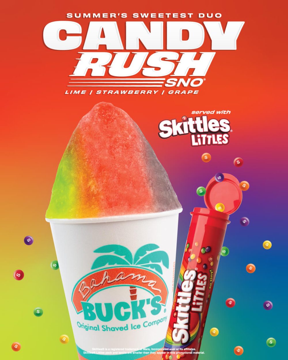 Bahama Buck's Candy Rush Sno® served with Skittles® Littles Promo image.
