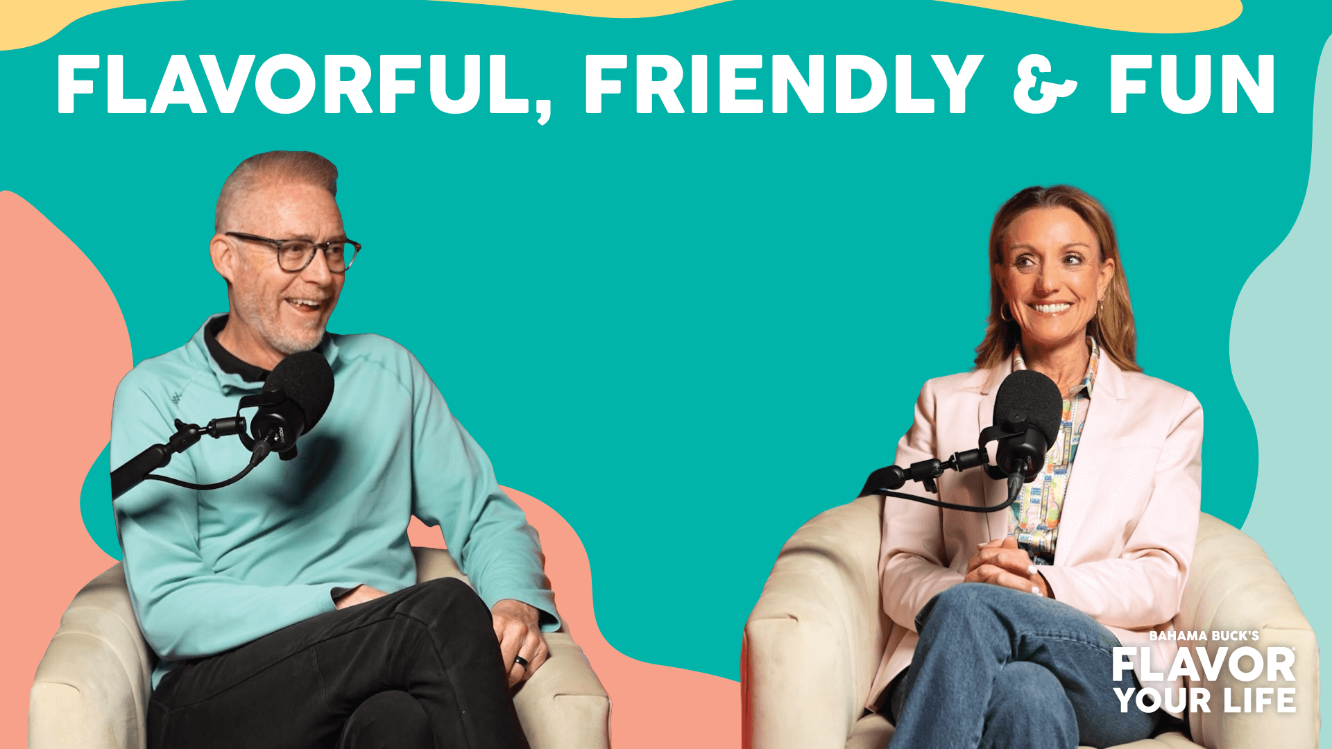 Blake and Kippi Buchanan smiling in a podcast-style interview with “Flavorful, Friendly & Fun” text on a bright, tropical background.