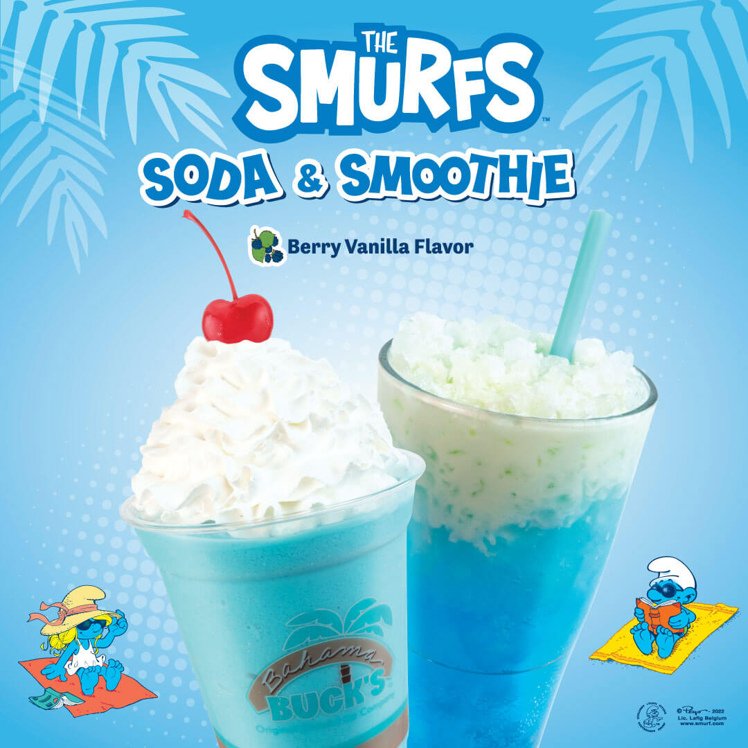 Bahama Buck’s The Smurfs Smoothie and Soda made with a berries and cream flavor.