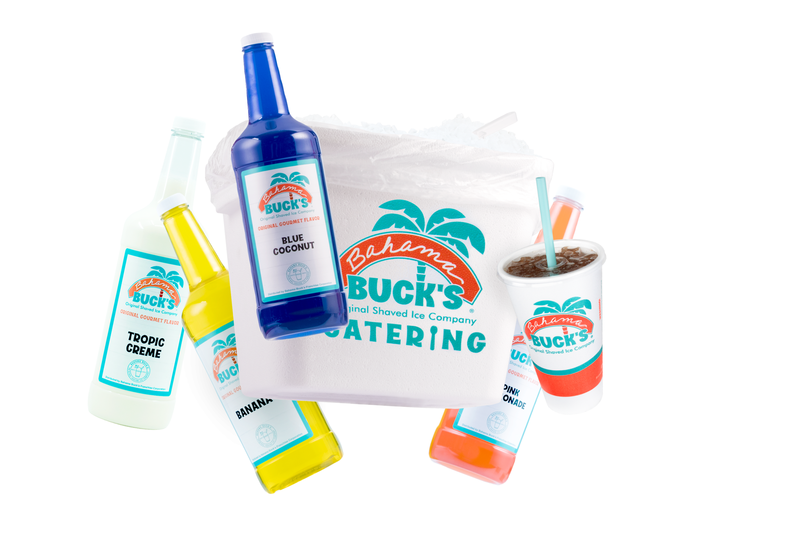 Bahama Soda Bar image featuring a soda cup, Bahama Buck's catering cooler, flavors, and Tropic Creme.