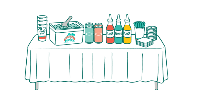 A colorful line drawing of a Bahama Buck’s soda bar setup on a draped table, featuring stacked cups, an ice chest with a scoop, soda cans, flavor syrup bottles, straws, napkins, and lids.