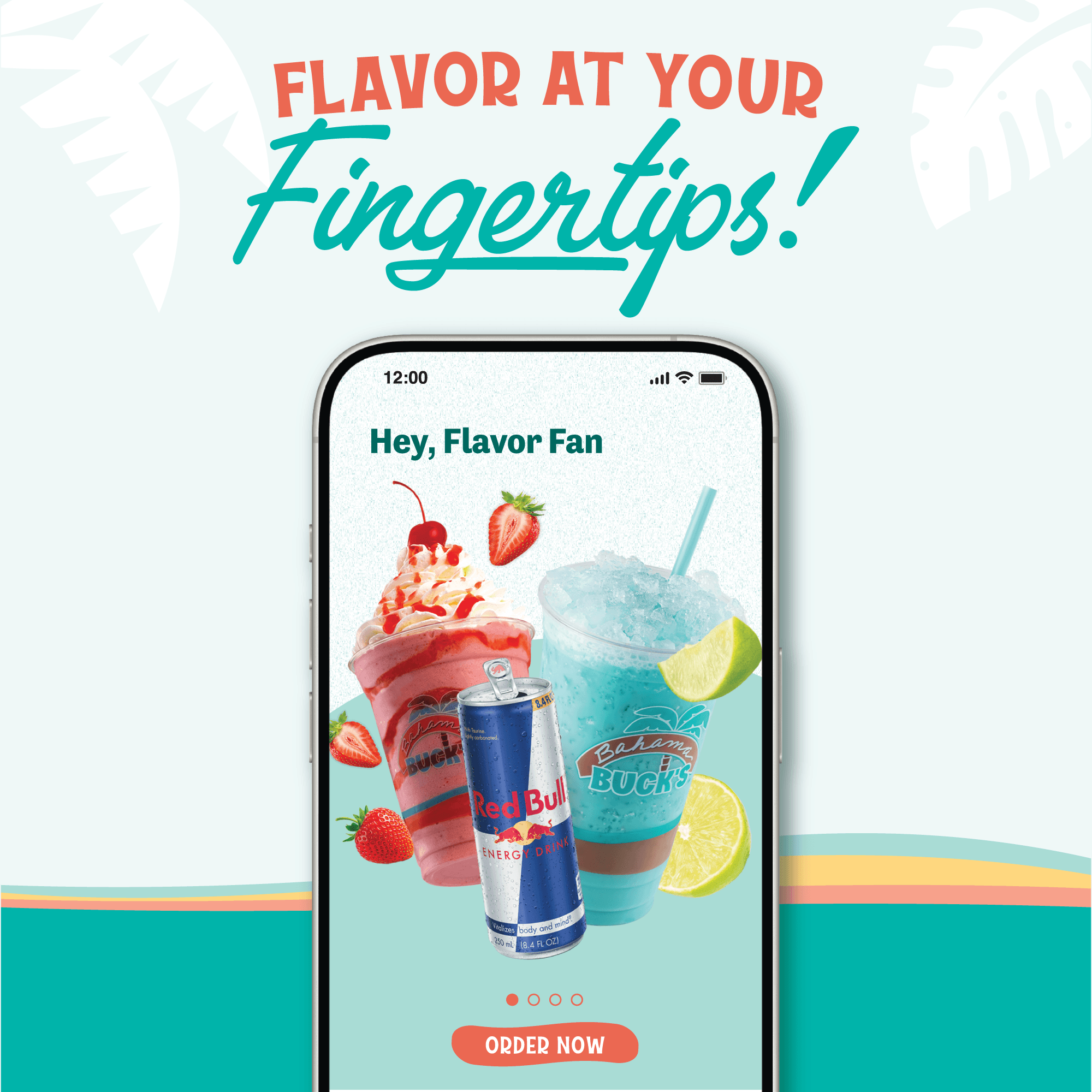 Promo image for the updated Bahama Buck's app featuring a smartphone app preview and the text "Flavor at your Fingertips!"