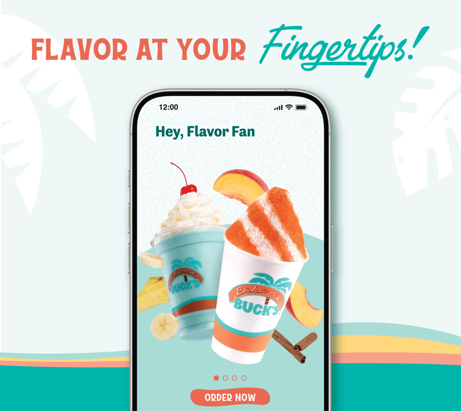 Promo image for the updated Bahama Buck's app featuring a smartphone app preview and the text "Flavor at your Fingertips!"
